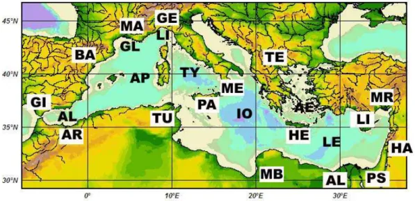 Fig. 1. The Mediterranean Sea. The letters in white boxes indicate the start-end ports of the MFS-VOS program