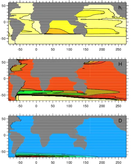 Fig. 4. The depth of the density layer interfaces simulated by the analytical model. Isolines