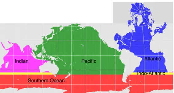 Fig. 9. The world ocean in OCCAM is divided up into: the Southern Ocean, the Indo-Atlantic, the Indian Ocean, the Pacific Ocean, and the Atlantic Ocean.
