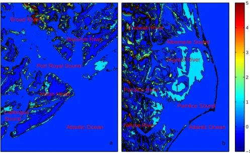 Fig. 2. The land elevation di ff erence (LIDAR – GEODAS) in Hilton Head and the CAPES regions