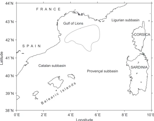 Fig. 1. The western basin of the Mediterranean Sea with the subbasins proposed by Ifre- Ifre-mer (http://tinyurl.com/2hmnd9) and the boundary of the typical deep convection region shown (dashed region).