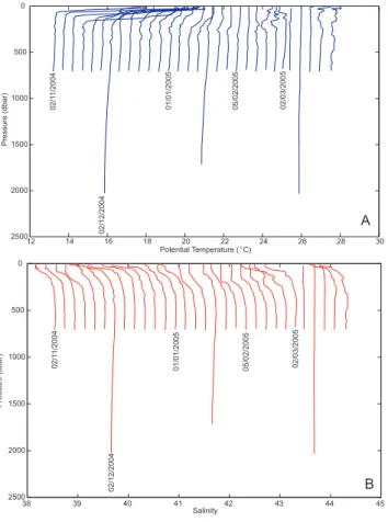 Fig. 3. All (a) potential temperature and (b) salinity profiles from float 6900279 during the winter 2004–2005 observation period
