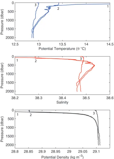 Fig. 4. Vertical profiles of potential temperature (top), salinity (middle) and potential density (bottom) taken from ARGO float 6900279 deep-dive cycles