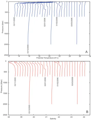 Fig. 9. All (A) potential temperature and (B) salinity profiles from float 6900293 during the winter 2004–2005 observation period
