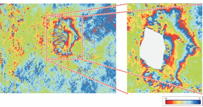 Fig. 5. (Left) Geocoded ascending interferogram refers to image pair 22 July–26 August 1998 and (right) considered detail (phase)