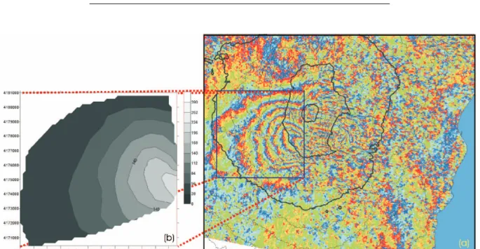 Fig. 6. (a) Geocoded descending interferogram referring to the image pair 15 November 2000–31 October 2001 of the Mt