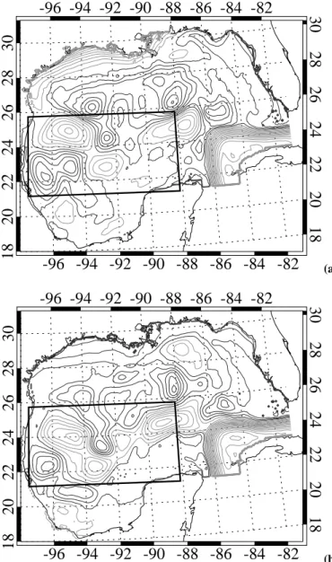 Fig. 1. Contours of the model SSH field at the beginning and end of the deployment period