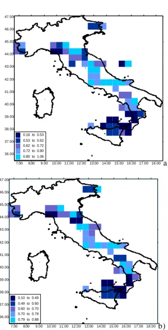 Fig. 6. Map of Italian territory showing the d variability: (a) full and (b) depleted seismic catalogues.