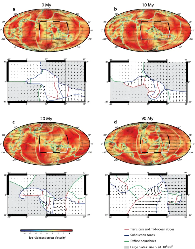 Figure   4   :   Global   viscosity   maps   of   the   model   2   and   associated   kinematics,   with   a   focus      on   the   area   between   -­‐30°;90°   and   30°;-­‐30°