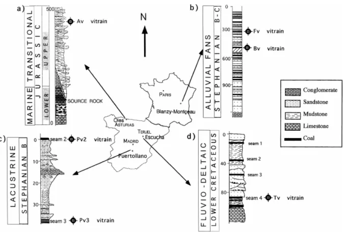 Fig. 1. Geographical and geological location of the vitrains in their corresponding  stratigraphic series: (a) Jurassic sediments in the North of Spain (Valenzuela et al., 1986), (b)  Blanzy–Montçeau Basin (Wu, 1990)