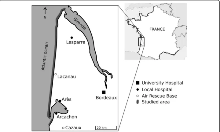 Fig. 1 Map of Gironde, south western France, with description of the studied area and nearby hospitals
