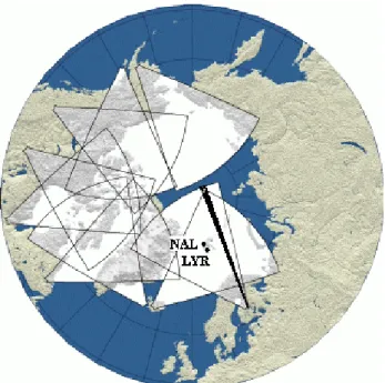 Fig. 1. Northern Hemisphere SuperDARN. The Hankasalmi radar beam 13 and a magnetometer sites at Ny ˚ Aleslund (NAL) and Longyearbyen (LYR) are shown.