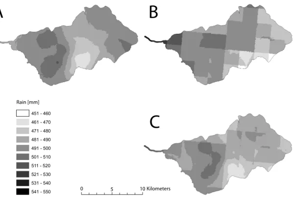 Fig. 4. Spatial distribution of total rainfall from March to October 2004 as derived by (A) ordinary kriging (mean value 492 mm), (B) operational available radar (mean value 490 mm) and (C) ordinary colocated cokriging (mean value 487 mm).