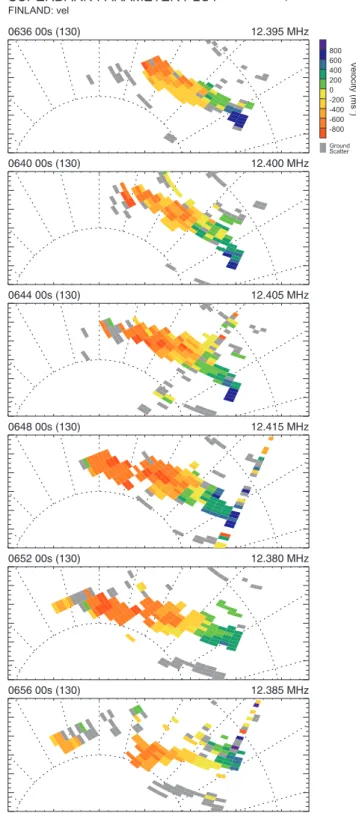 Fig. 6. The Finland radar velocity maps (magnetic local time versus magnetic latitude; 12:00 MLT is to the top) showing a poleward progressing flow channel.