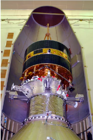 Fig. 2. Double Star TC-2 spacecraft before encapsulation in the Long March fairing. Underneath the spacecraft, the solid upper stage with the attitude control system was specifically developed for the mission.