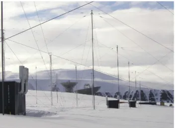 Fig. 1. A view of part of the SPEAR antenna array on mine 7 moun- moun-tain, with the ESR dishes in the background.