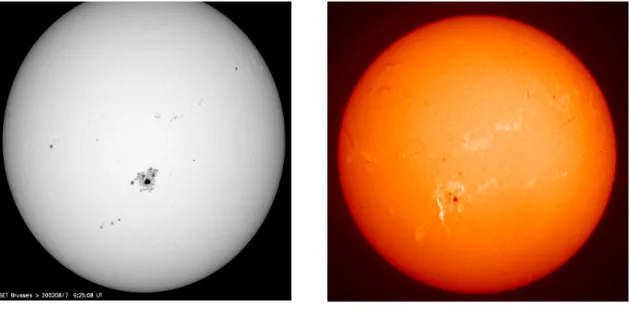 Fig 1:  Left: white-light USET image (2002/08/17) featuring the giant sunspot group NOAA10069