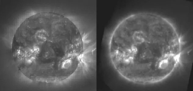 Fig. 3. On the left, a SOHO/EIT image (19.5 nm), showing an eruption above the west limb