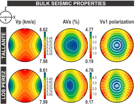 Figure 6. The calculated bulk seismic properties of Tallante and Los Perez xenoliths (12-12 samples) in lower hemisphere equal area stereographic projections