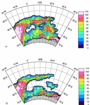 Fig. 2. Maps of the distribution of sea ice (%) in the central and eastern Weddell Gyre for (a) 17 and (b) 24 December 2002 (data from Comiso, 1999; updated 2007).