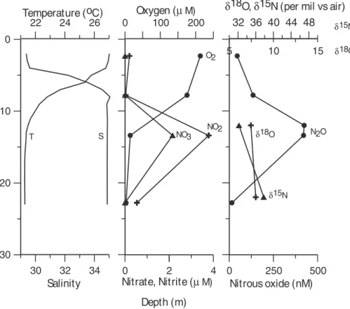 Fig. 7. Vertical profiles of temperature, salinity, dissolved O 2 , inorganic nitrogen species and δ 15 N and δ 18 O of N 2 O at Sta
