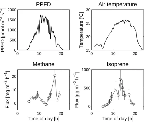Fig. 3. Measurements on 4 August 2004. Upper panels show PPFD (photosynthetic photon flux density) and air temperature