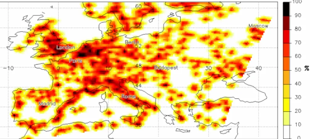 Fig. 3. The spatial distribution of di ff erences [%] in carbon dioxide concentrations ( ∆ CO 2 ) between urban and rural land relative to the background CO 2 concentration.