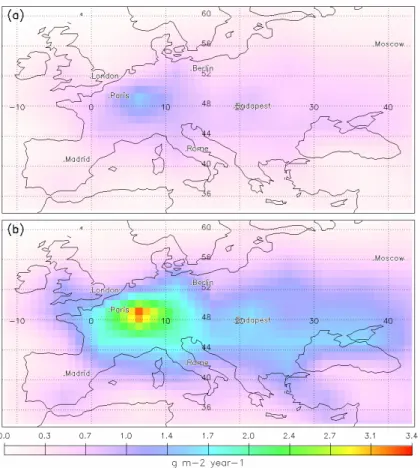 Fig. 4. Dry nitrogen atmospheric deposition [g m −2 year −1 ] in 1958 (a) and 2003 (b).