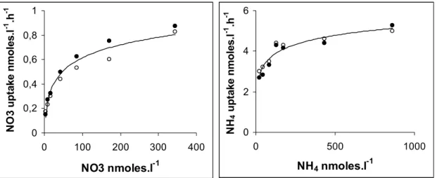 Fig. 2. Rates of nitrate and ammonium uptake (nmoles.l −1 .h −1 ) as function of nitrate and ammo- ammo-nium additions in nutrient depleted waters