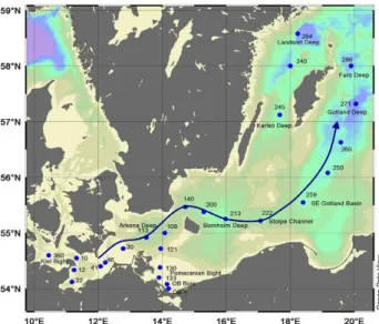 Fig. 1. Map of the western, southern and central Baltic Sea with lo- lo-cations of the stations