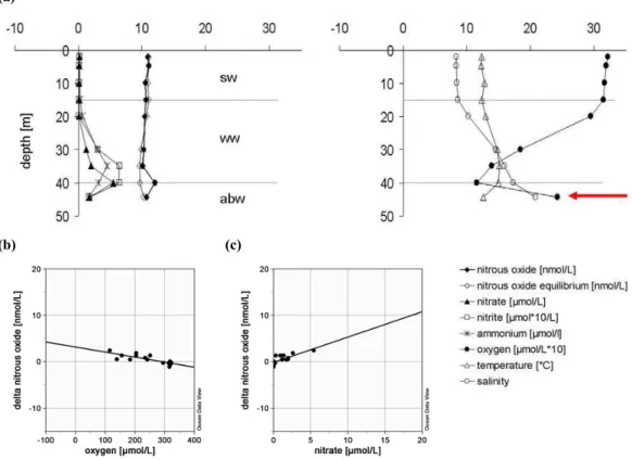 Fig. 4. Arkona Basin; (a) station 113 (Arkona Deep): left plot with profiles of N f04  2 O, N 2 O equilibrium concentration, NO − 3 , NO − 2 , right plot with profiles of temperature, salinity and oxygen, the arrow indicate the influence of North Sea Water