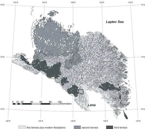 Fig. 1. Map of the Lena River Delta. The location of the investigation area Samoylov Island is marked by a square