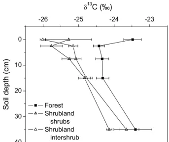 Fig. 1. Soil C and N concentrations and C/N ratio in the forest and the shrubland microsites