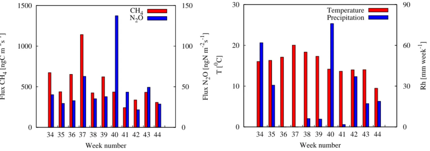 Fig. 10. Weekly average of CH 4 flux (left columns in red) and weekly average of N 2 O flux (right columns in blue) in left figure, and weekly average of air temperature (left columns in red) and weekly precipitation rates (right columns in blue) in right 