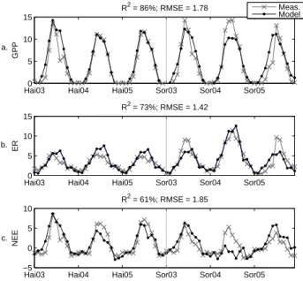 Fig. 12. Measured and modeled time series of GPP, RE and NEE for the coniferous stands [g m − 2 d − 1 ].