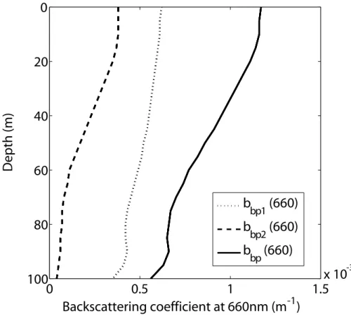 Fig. 8. Modeled vertical profile of backscattering coe ffi cients at 660 nm by small POC (POC1) (b bp1 (660)), large POC (POC2) (b bp2 (660)), and total POC (POC1 + POC2) (b bp (660)) (m −1 ).