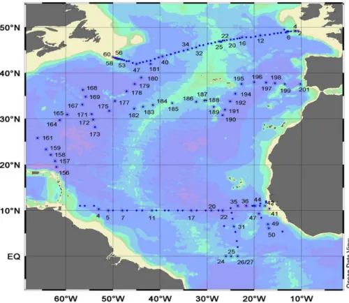 Fig. 1. Cruise tracks for “Gauss 384-1” (subpolar North Atlantic, 16 May to 14 June 2002),