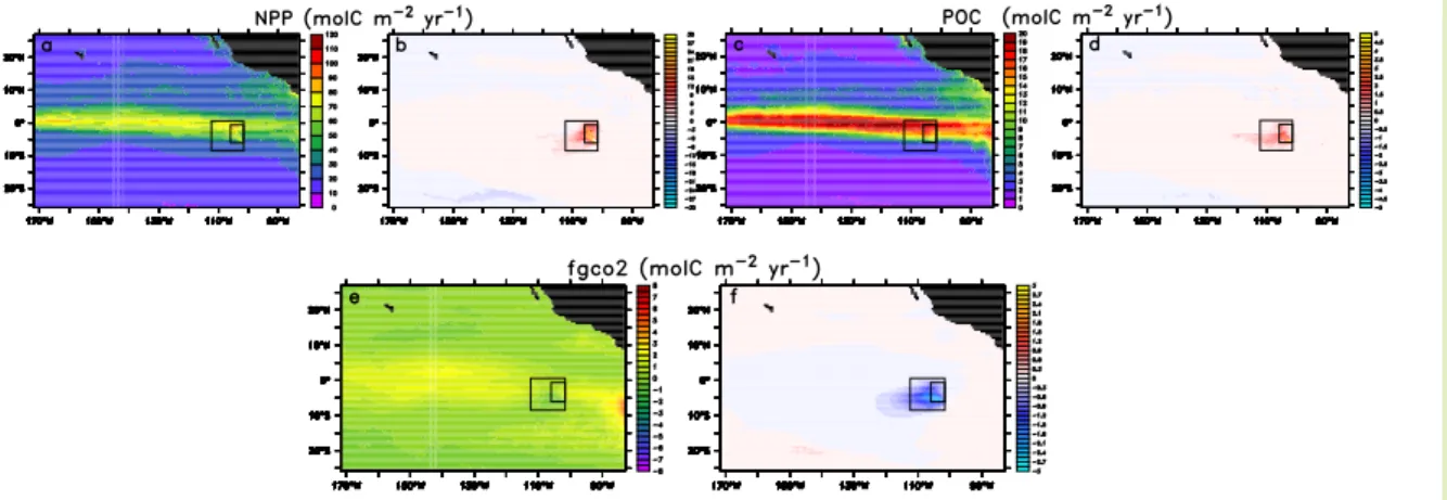 Fig. 3. As Fig. 2, except for (a) and (b) vertically integrated net primary production (0–