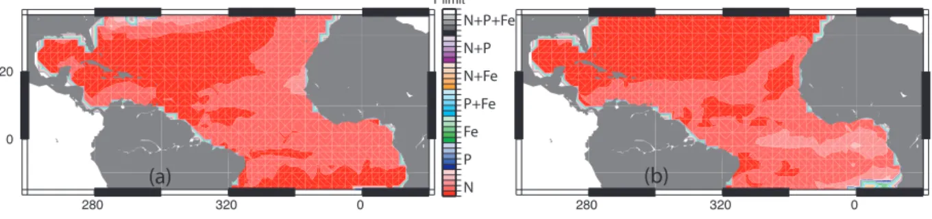 Fig. 7. Phytoplankton growth limitations for the NSTAR model run for (a) spring (April) and (b) fall (August)