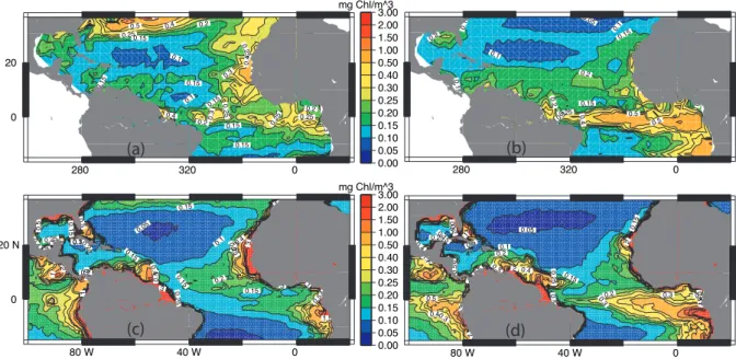 Fig. 2. Surface phytoplankton chlorophyll (mg Chl/m 3 ) for (a) spring (April) and (b) fall (August) for the NSTAR model run and (c) spring (April) and (d) fall (August) for a climatology based on the SeaWiFS satellite data from 1998 through 2005.