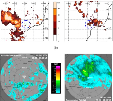 Fig. 2. (a) TRMM surface rainfall in mm accumulated from 19:30 UT on 13 February 2004 to 01:30 UT on 14 February 2004 (left panel, SF2 flight) and from 22:30 UT on 24 February 2004 to 01:30 UT on 25 February 2004 (right panel, SF4 flight)