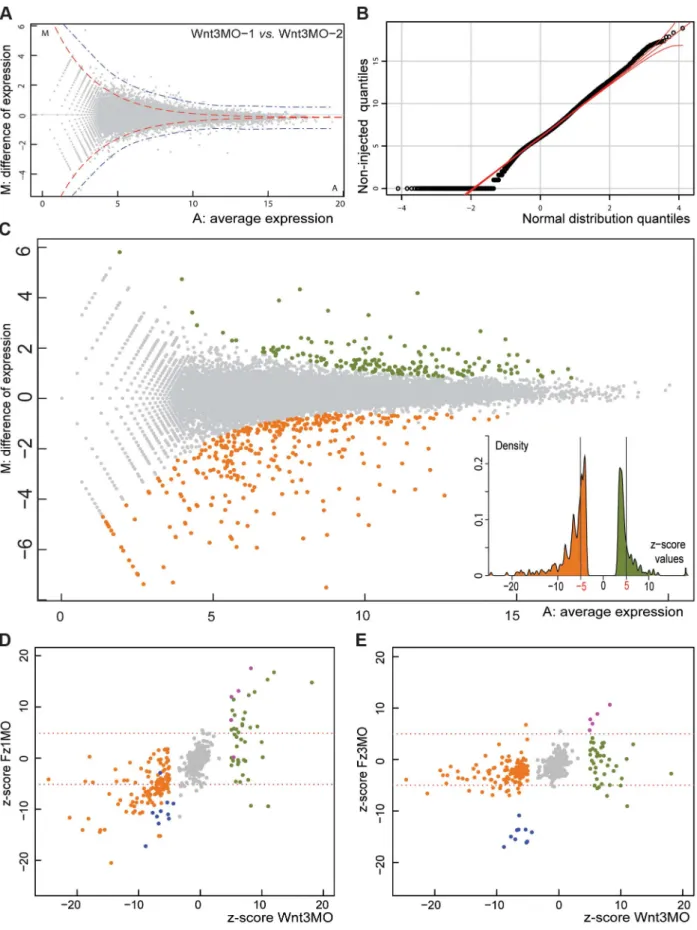 Figure 1. Identifying Clytia early gastrula patterning genes by DGE. A) Visualization of variation between two independent Wnt3-MO early gastrula replicate samples (‘‘MA plot’’)