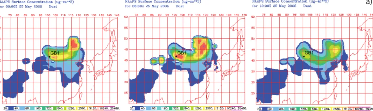 Fig. 4a. Mineral dust mass concentration during the strong dust event of 25 May 2005 at GB1 site: NAAPS “Dust” plots at surface layer; each plot represents 6-hours average concentration values