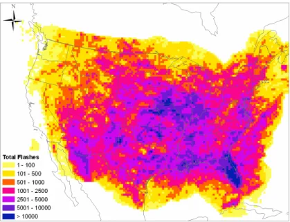 Fig. 4. Domain-wide lightning intensity map for July–August 2004.