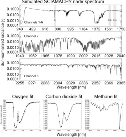 Fig. 1. SCIAMACHY nadir spectrum, simulated with the radiative transfer model SCIATRAN (Buchwitz et al., 2000a,b), covering the entire spectral region observed by SCIAMACHY (top)