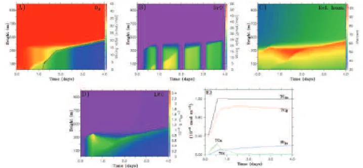 Fig. 6. Run 7 (separated-FF). (A) and (B) gas phase O 3 and BrO, (C) relative humidity, (D) LWC, (E) total bromine budget.