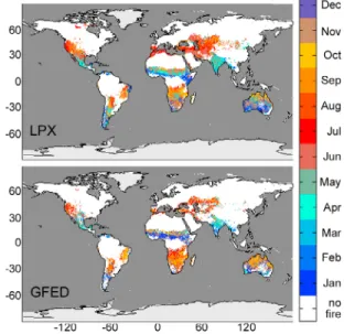 Figure 3. Month of maximum burnt area (averaged over 1997–2005 for those areas where LPX simulates &gt;0.1% area burnt), (top) as simulated by LPX and (bottom) as shown by GFED3.