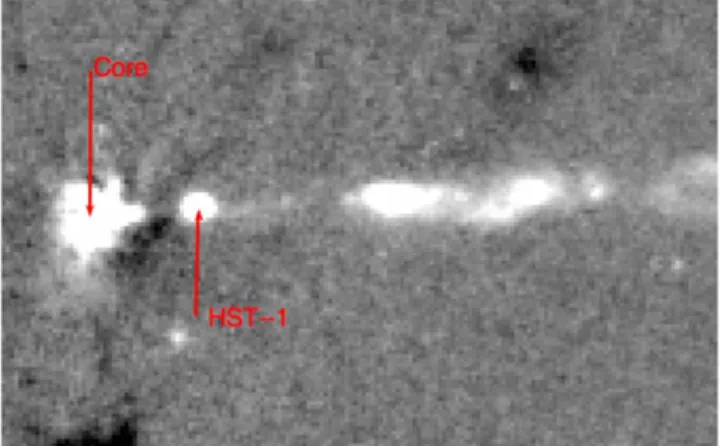 Figure 6. HST image of M87 in F606W ﬁlter with host galaxy subtracted; the core and HST-1 are designated, the distance between the features is 0 86 ± 0 04.