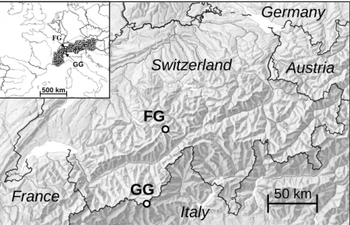 Fig. 1. Topographic map of Switzerland and the bordering countries, indicating the locations of the drilling sites at FG and GG