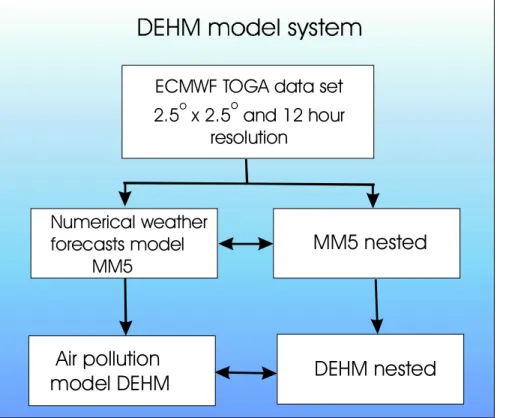Fig. 1. Overview of the DEHM model system. Both the MM5 model and the DEHM model has nesting capabilities, and the MM5 model is initialised with data from ECMWF.